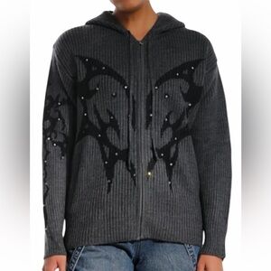 Hot Topic Social Collision Ombre Full Zip Heart Rhinestone Hoodie Medium Grey